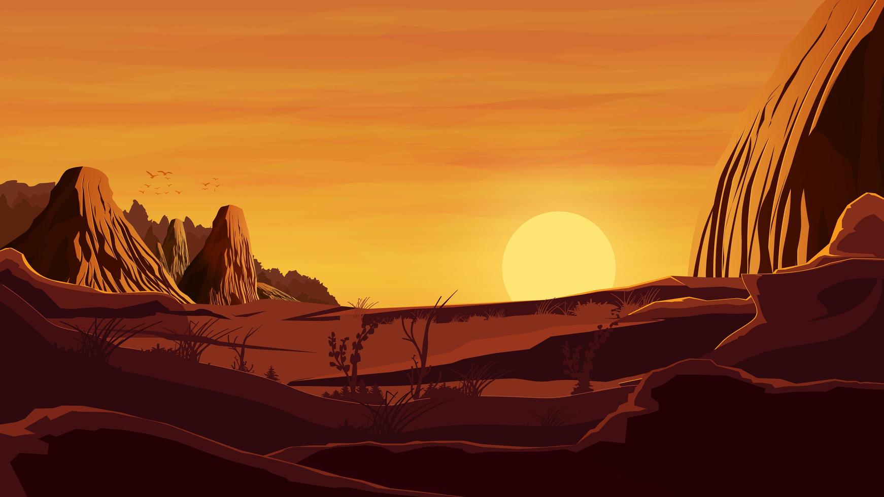 puesta de sol naranja en el paisaje desértico vector