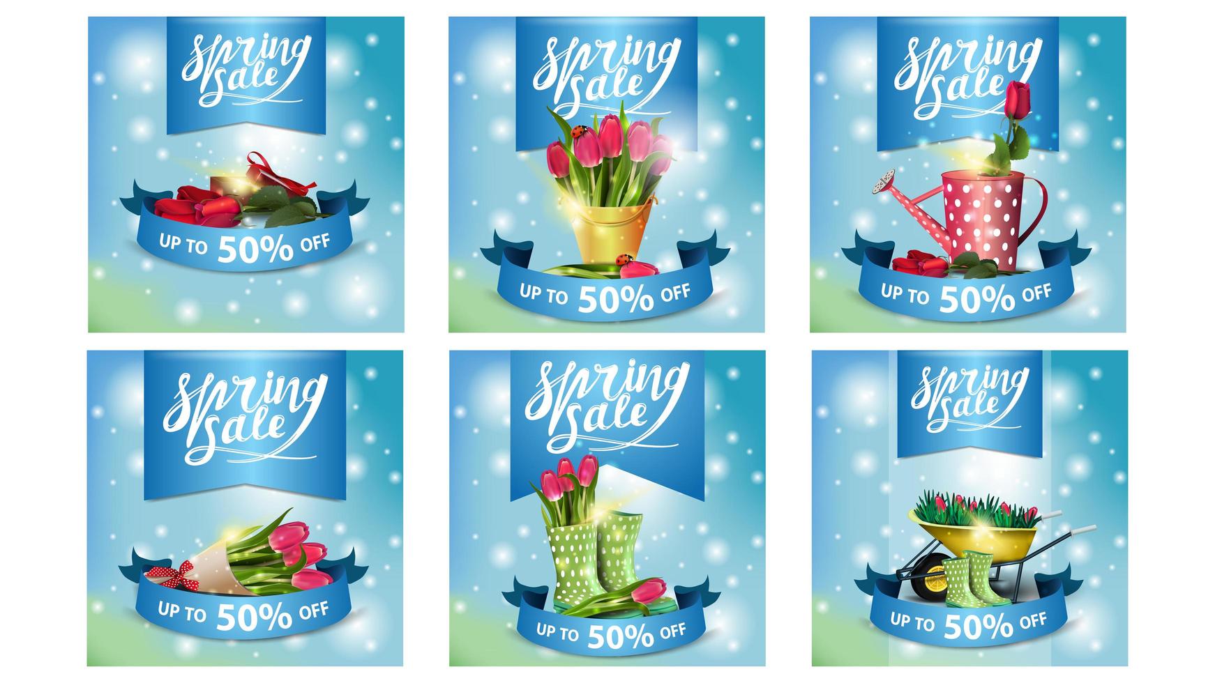 Spring sale glowing blue square banners vector