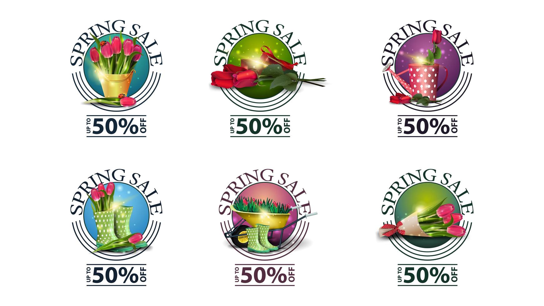 Spring sale round banners with flowers vector