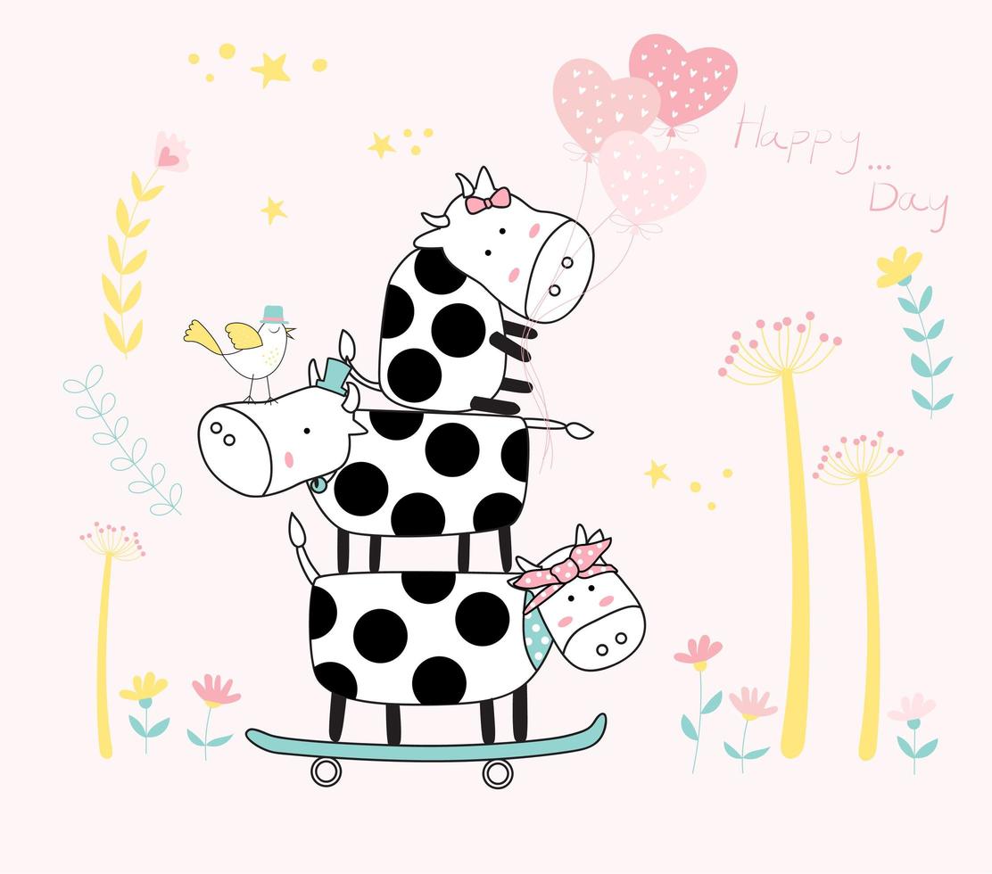 Cute stacked baby cows on skateboard vector