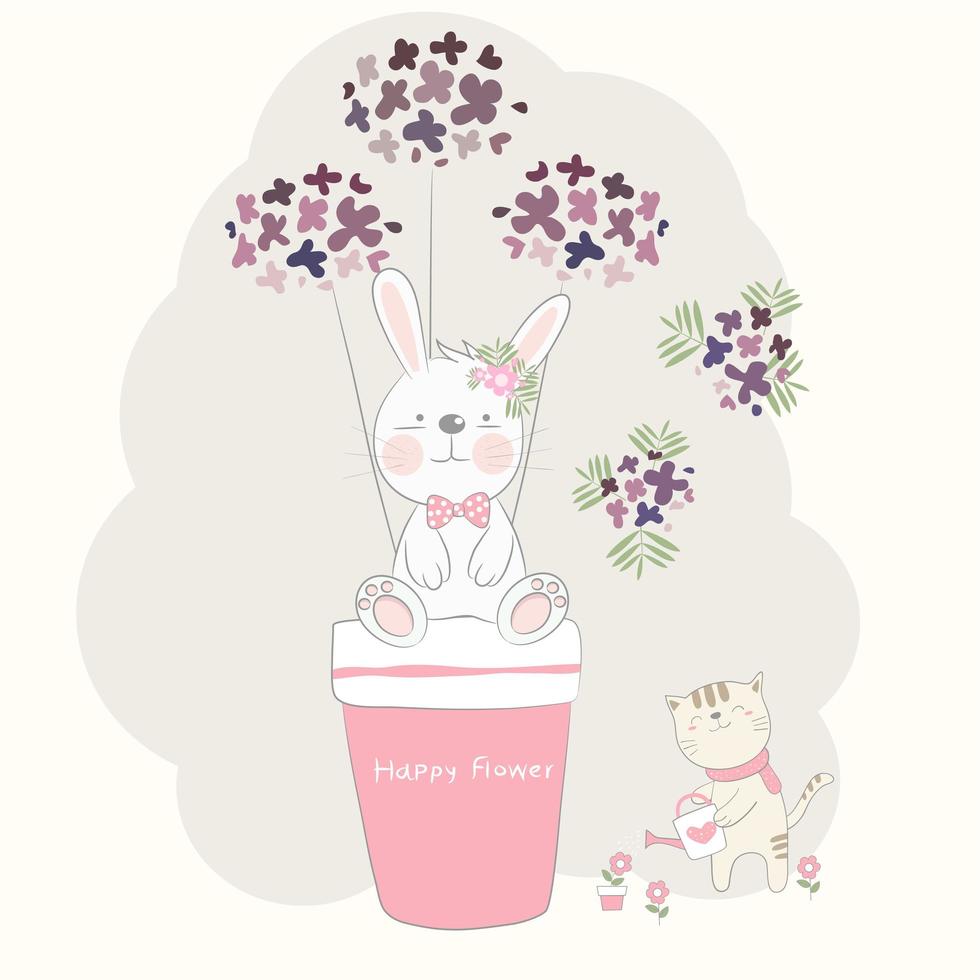 Cartoon baby rabbit in flower pot and cat vector