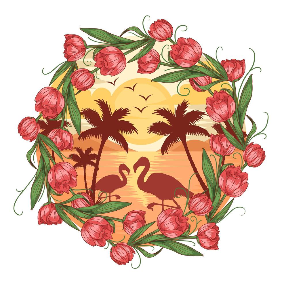 Summer flamingo flower frame design vector