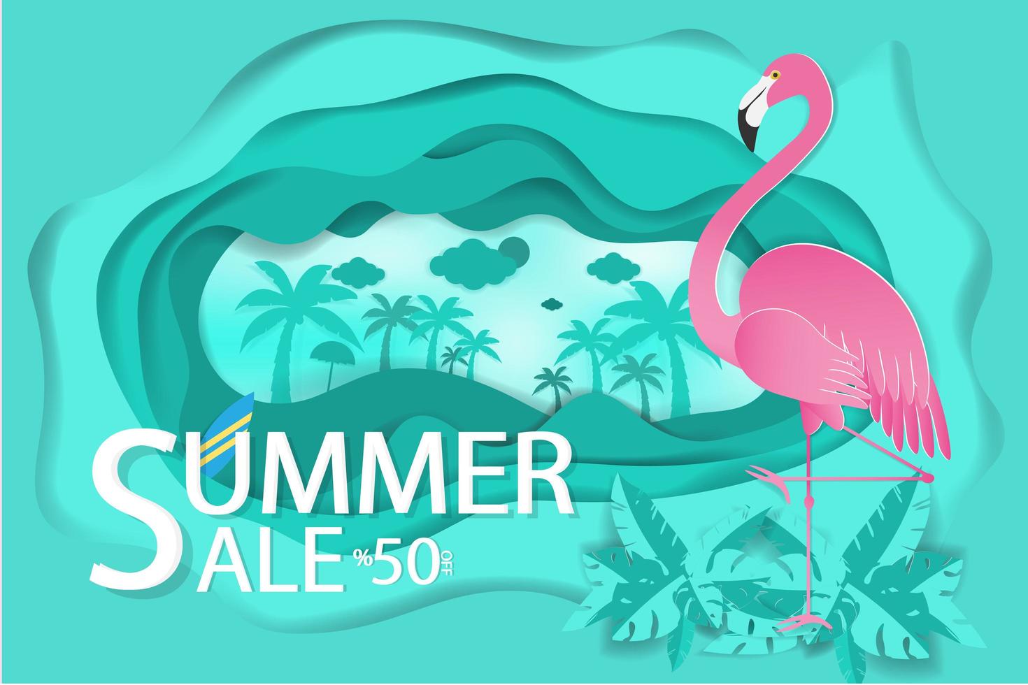 Flamingo on Blue Wavy Paper Cut Background vector