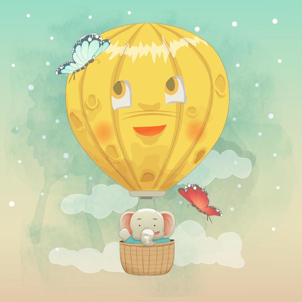 Cute elephant flying in air balloon vector