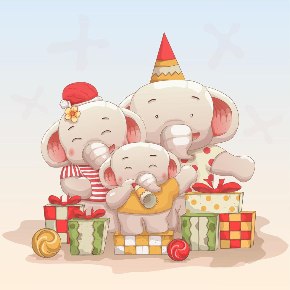 familia feliz elefante celebrando la navidad vector