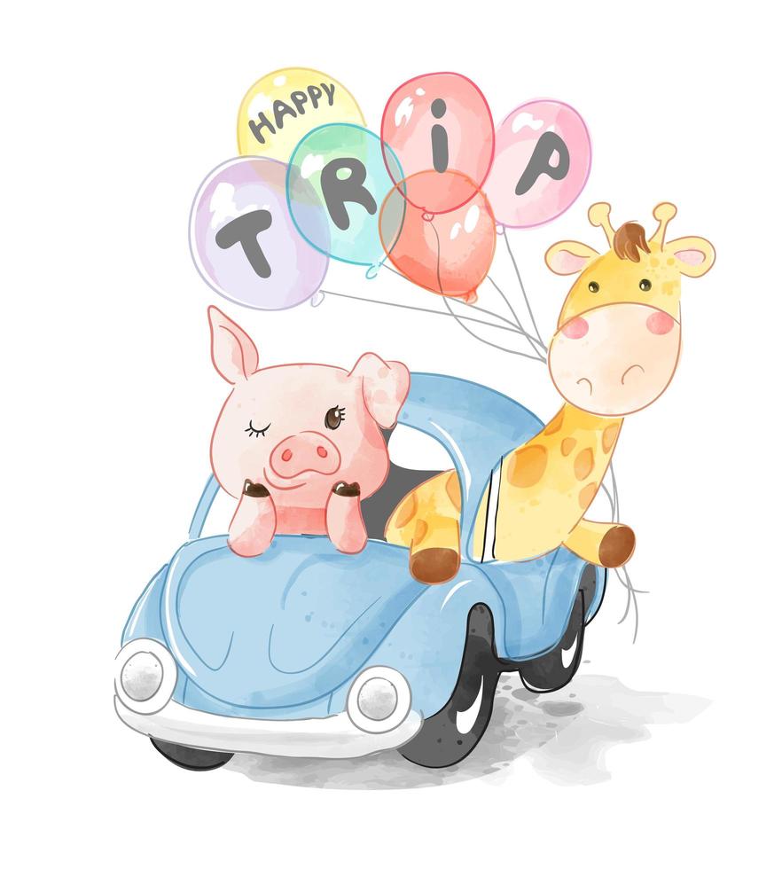 Pig, Giraffe Friends in Blue Car with Balloons vector