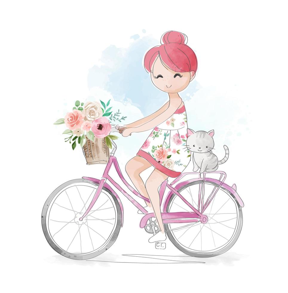 Girl Riding Bicycle with Little Cat vector