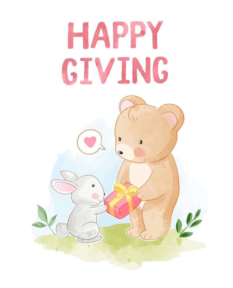 Happy Giving with Bear Giving a Gift to Rabbit vector