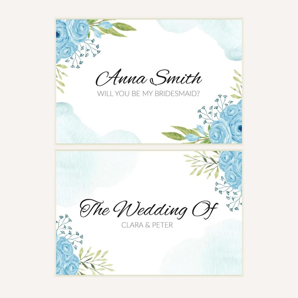 Watercolor blue rose flower bridesmaid greeting card template vector