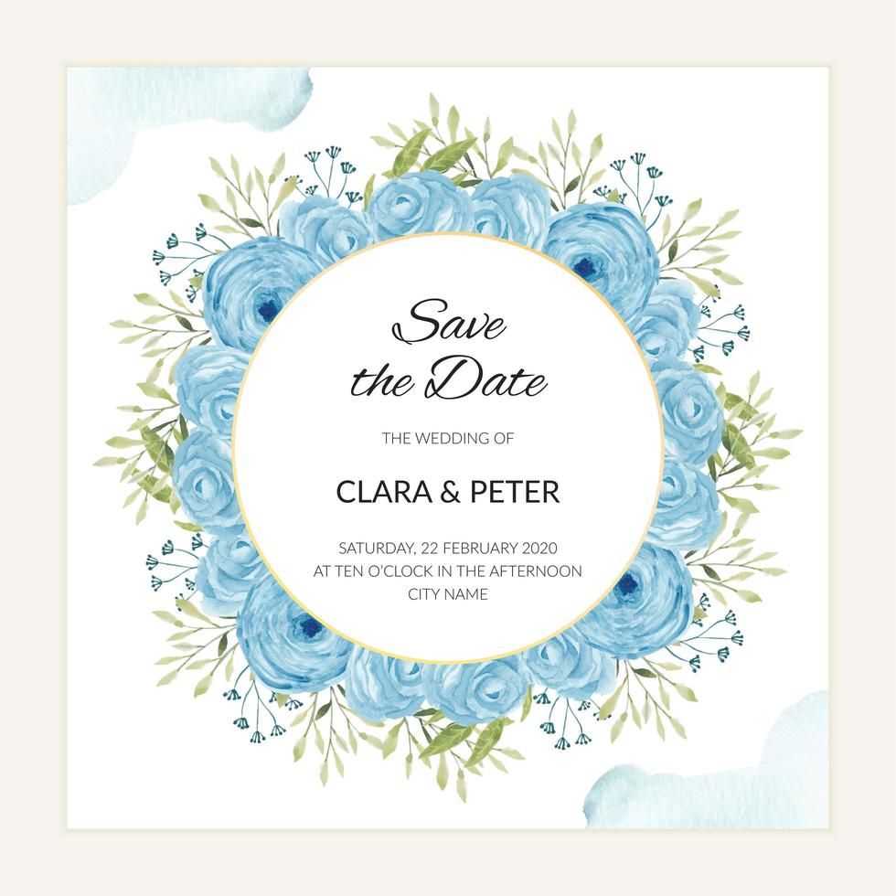 Watercolor blue floral round save the date card template vector