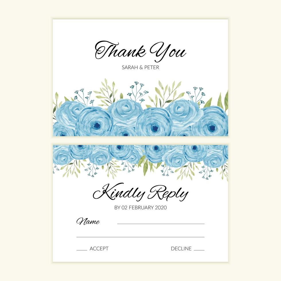 Wedding reply card template with blue watercolor rose decoration vector