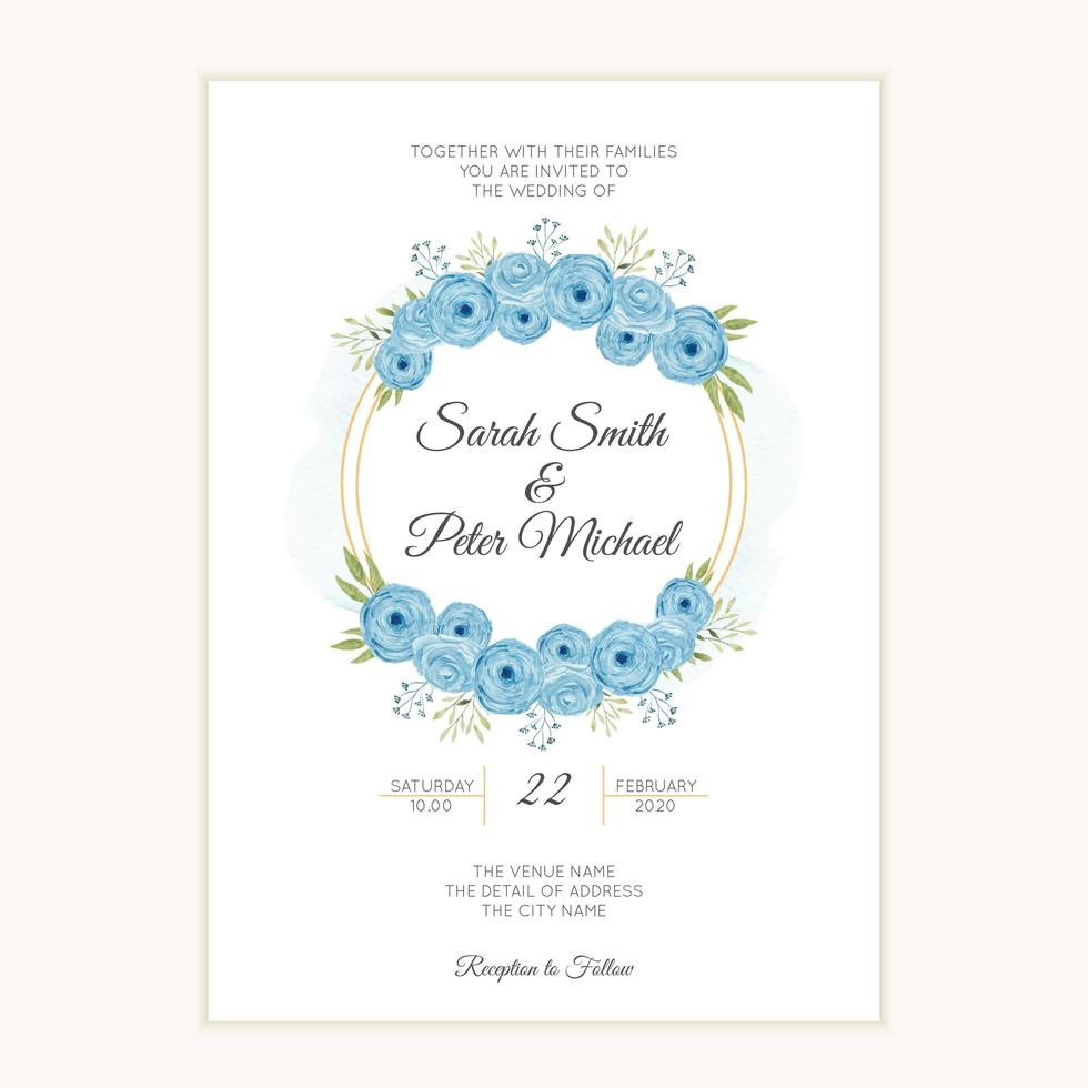 Wedding invitation template with watercolor blue flower wreath vector
