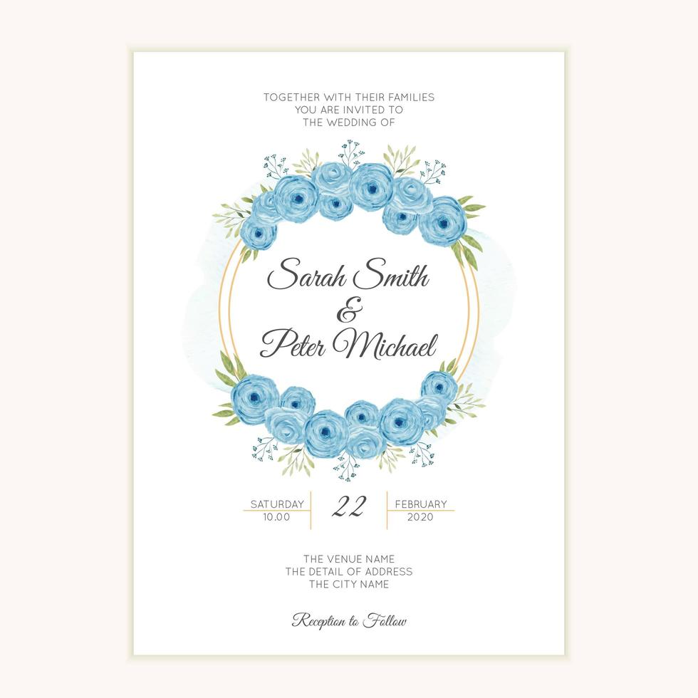 plantilla de invitación de boda con corona de flores de acuarela azul vector