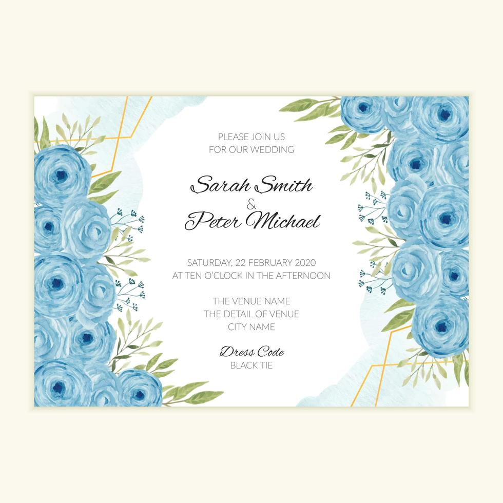 Watercolor wedding invitation card with blue roses vector