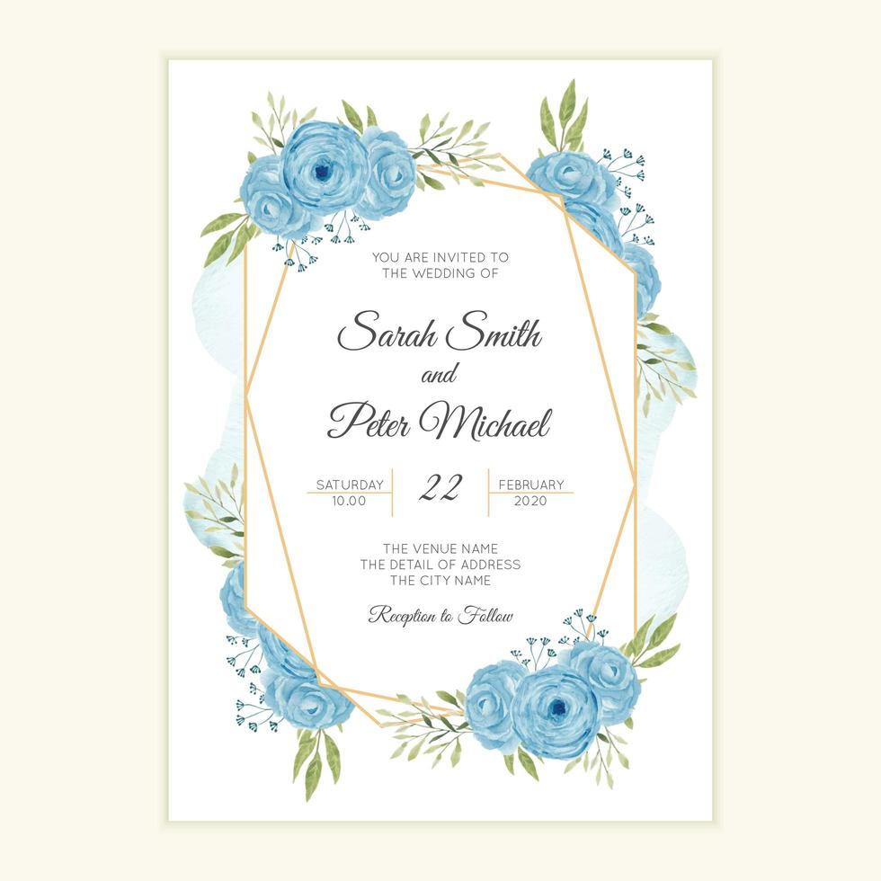 Rustic wedding invitation card with watercolor blue flower frame vector
