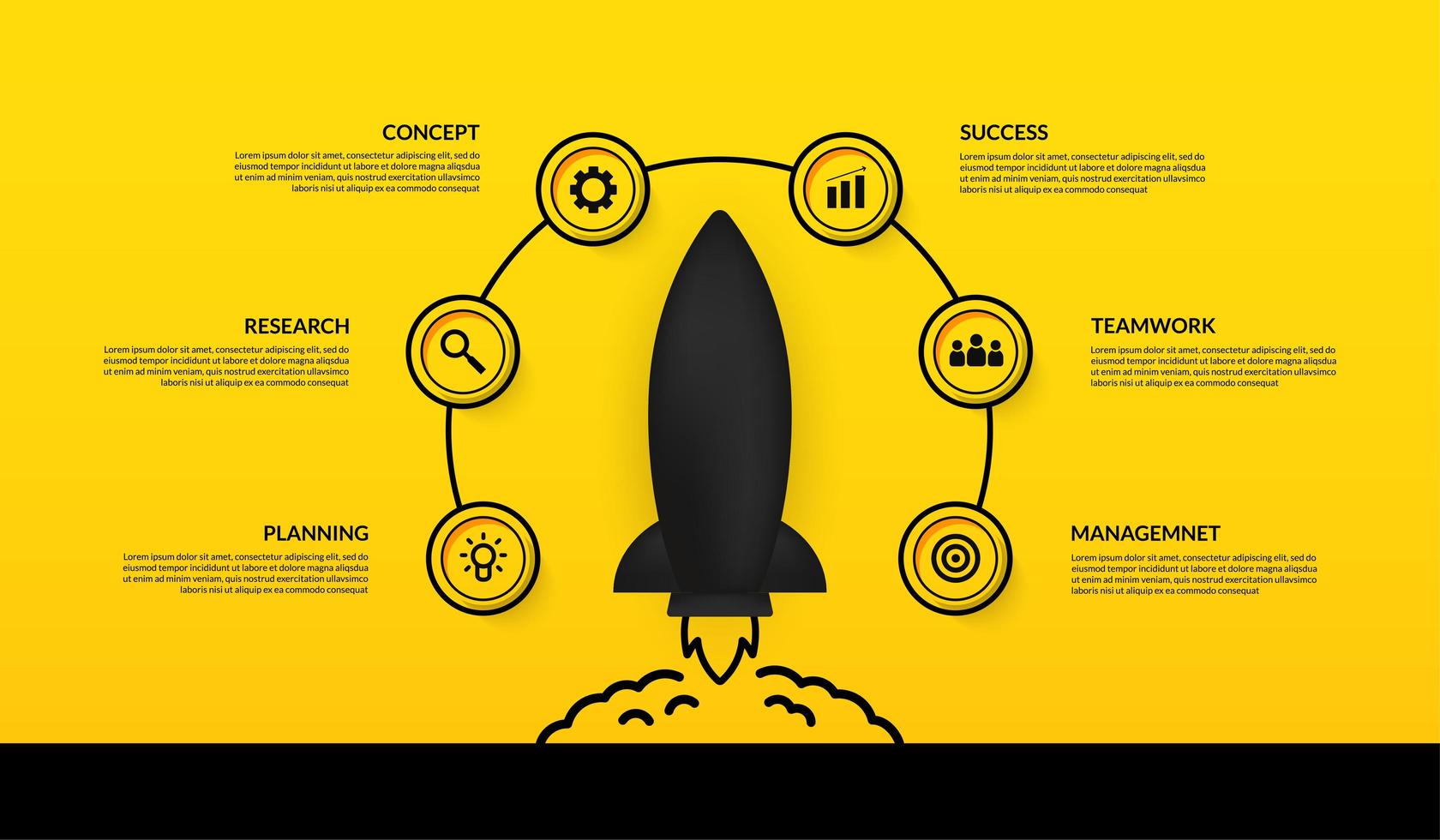 infografía con nave espacial de lanzamiento rodeada de iconos vector