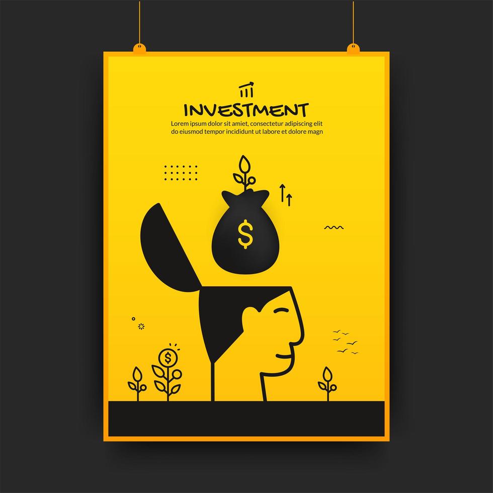 Money bag floating over human head investment poster vector