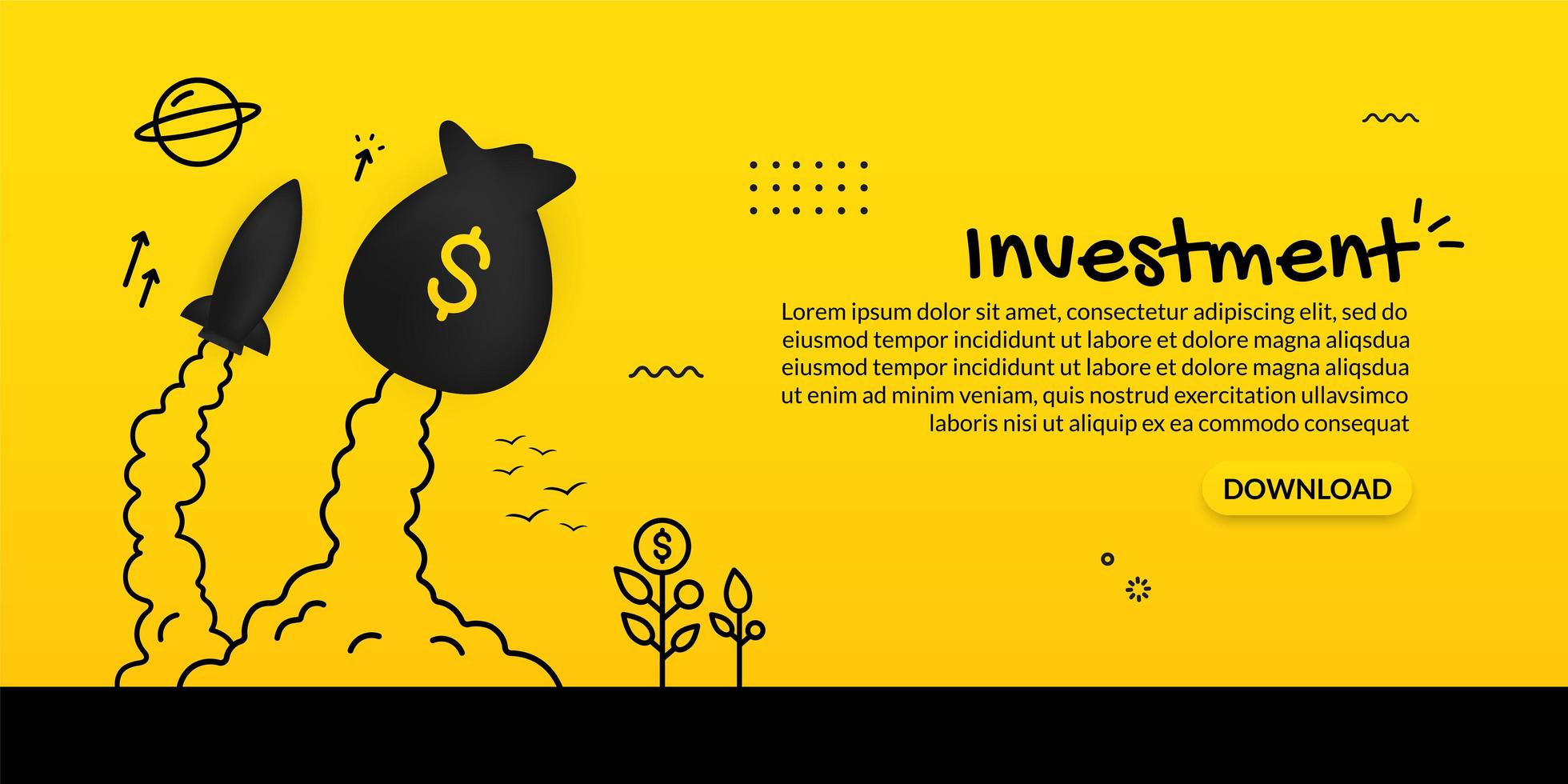 Launching money bag and spaceship on yellow vector