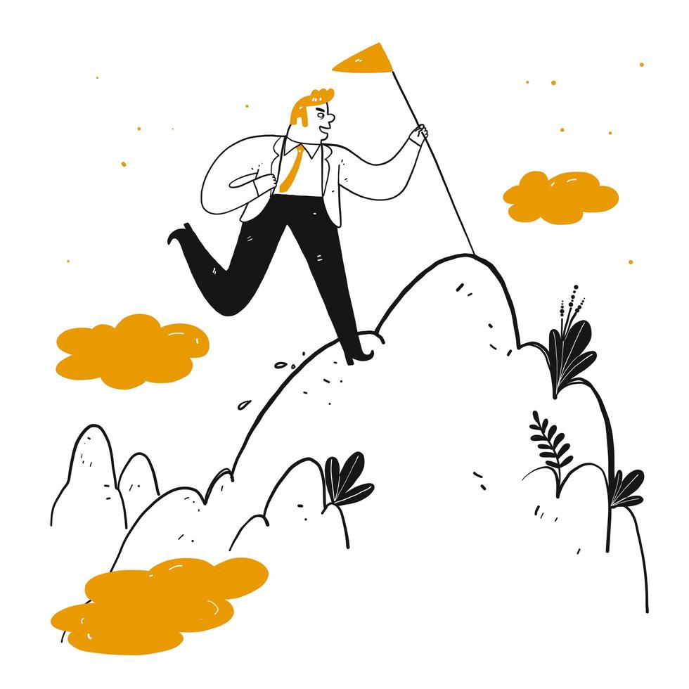 Hand drawn man with flag pole on mountain peak vector