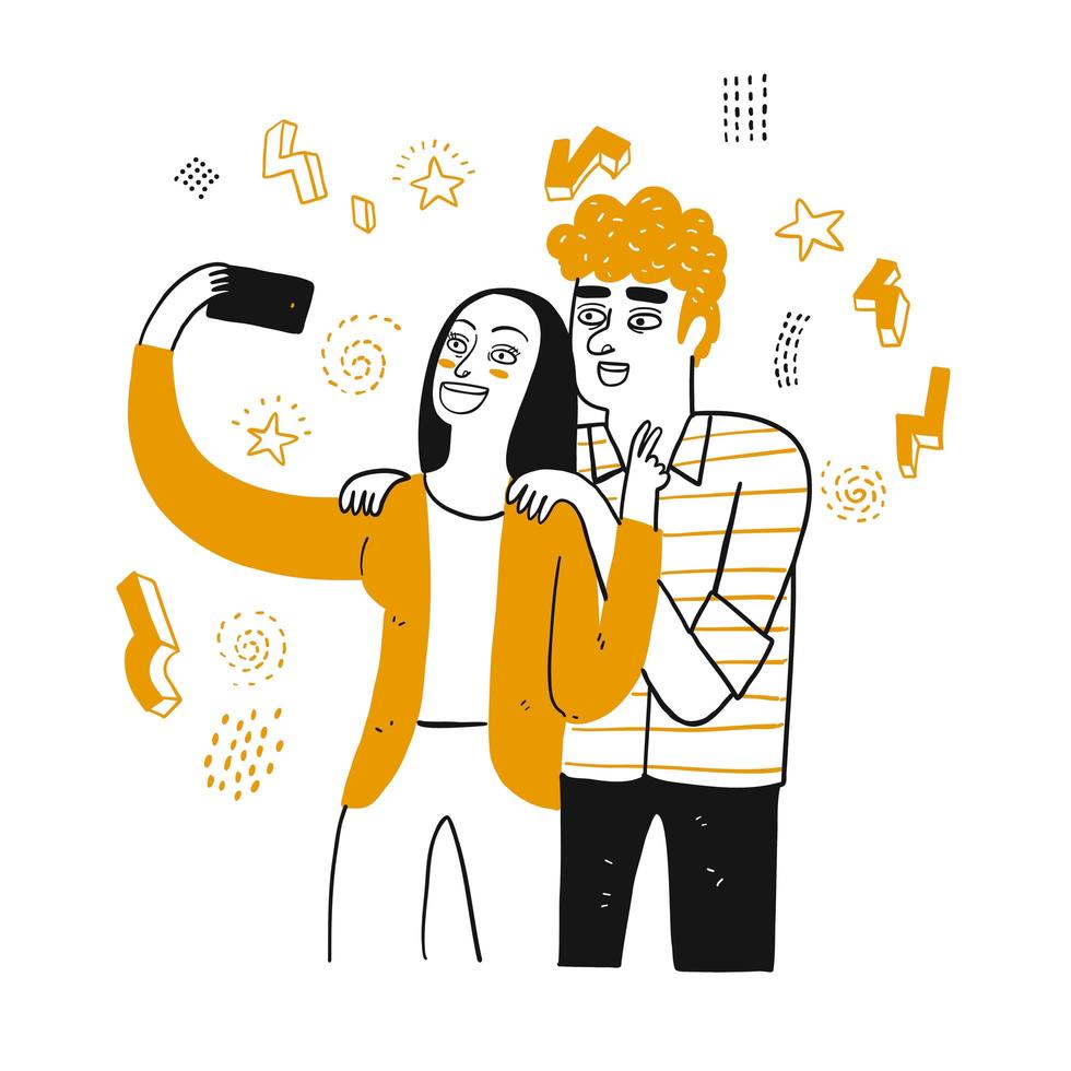 Hand drawn couple taking selfie vector