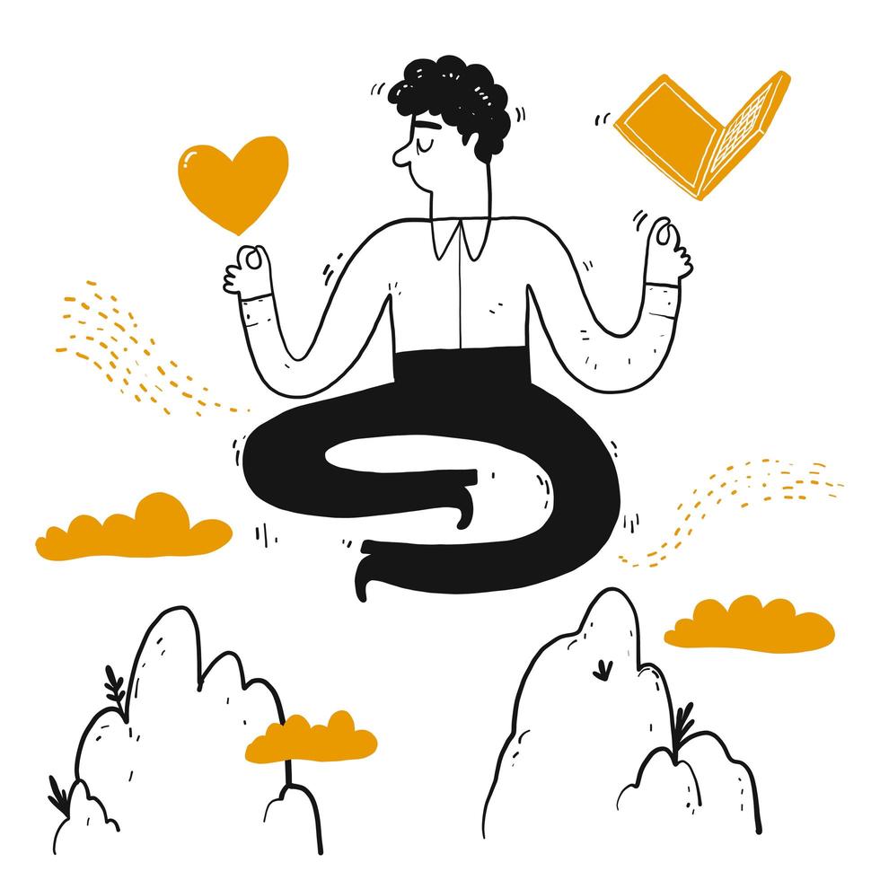 Hand drawn business man meditating in sky vector