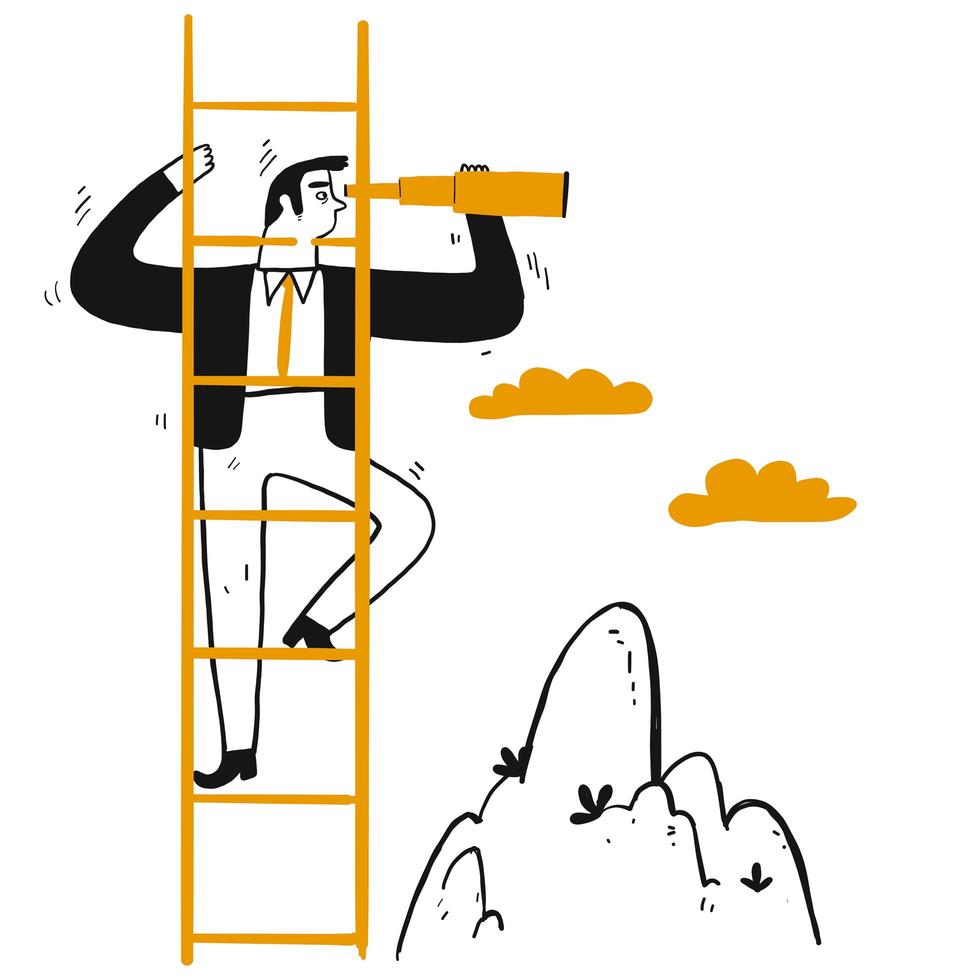 Business leader with telescope climbing ladder vector