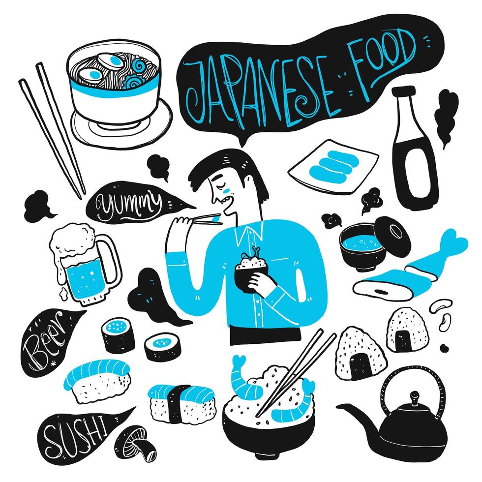 Hand drawn man and Japanese food vector