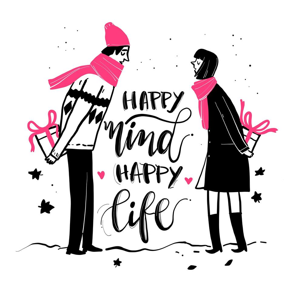 Hand drawn winter couple with surprise gifts vector