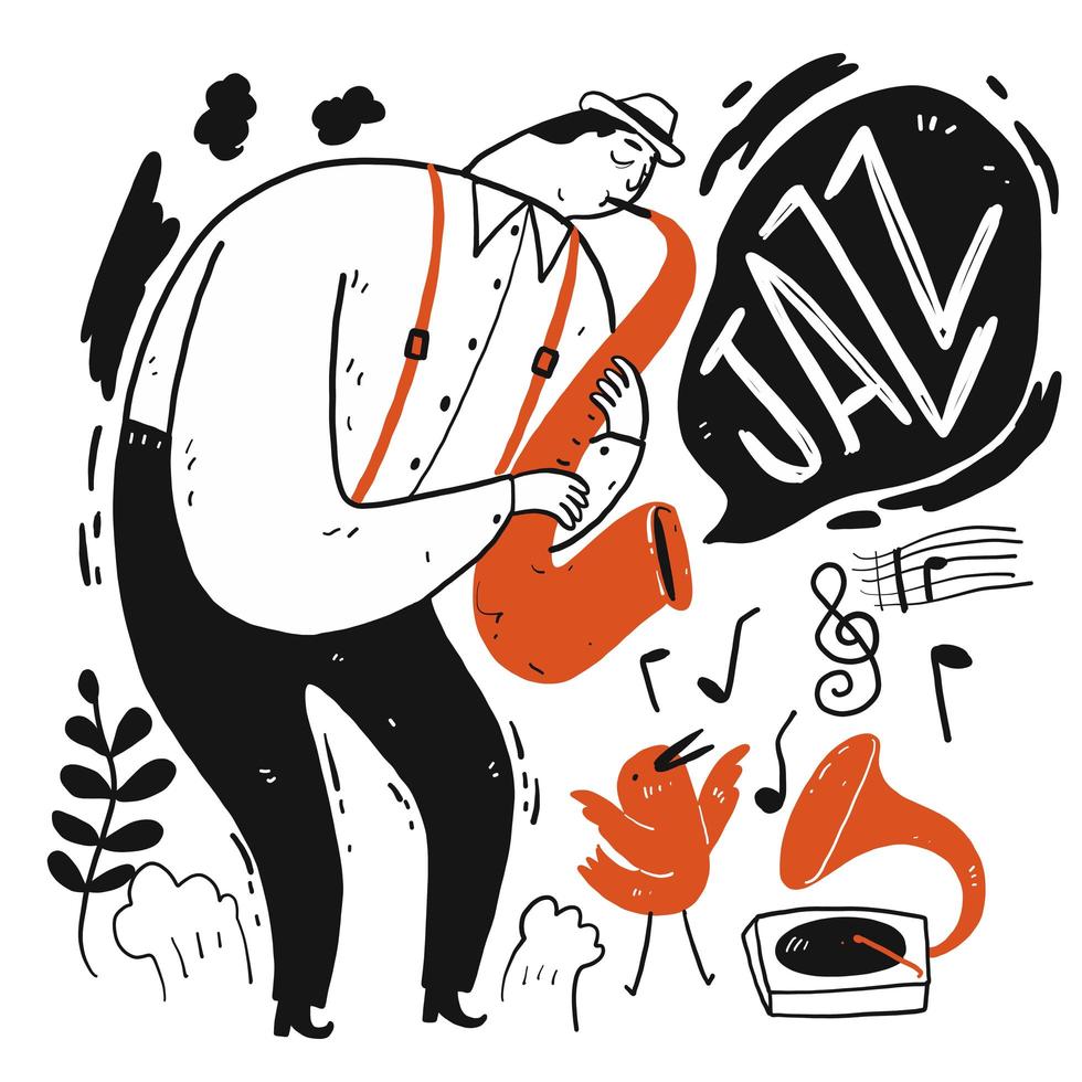 Hand drawn man playing Jazz music on saxophone vector