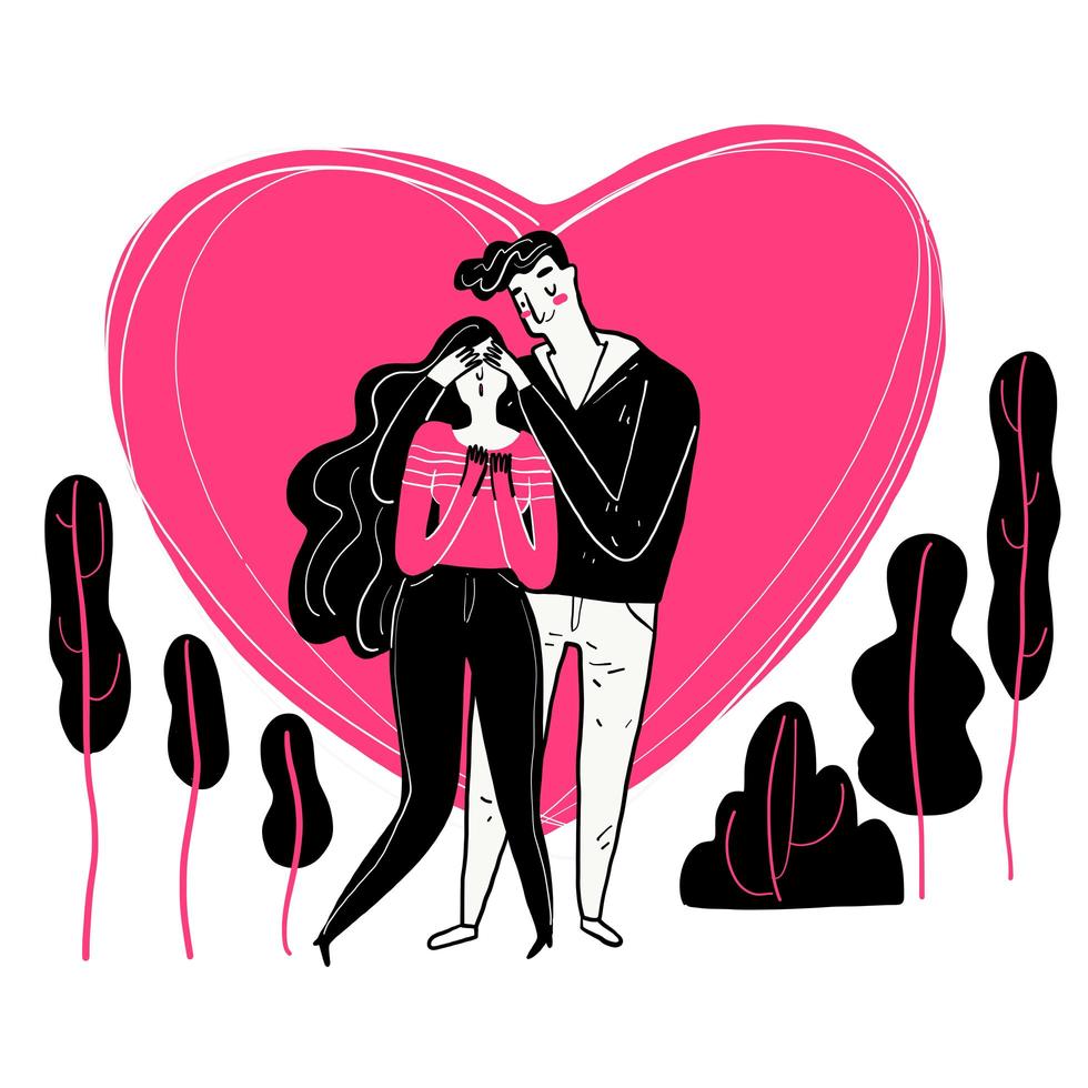 Hand drawn couple with pink heart behind them vector