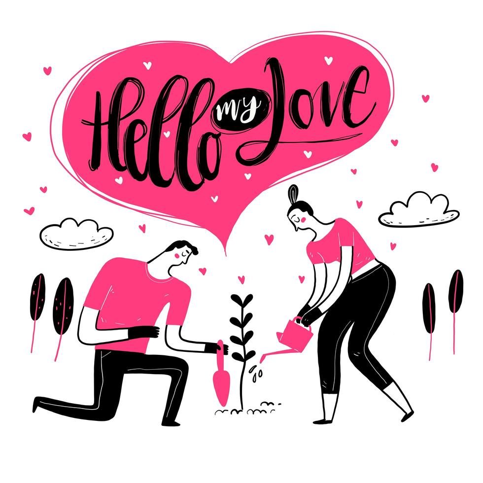Hand drawn couple in love watering plant vector