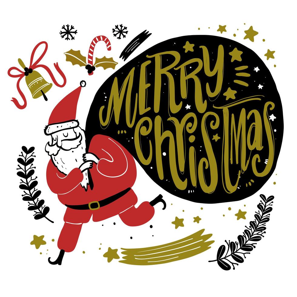 Hand drawn Santa carrying a large gift bag vector