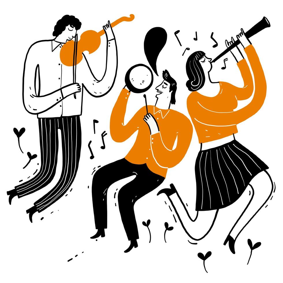 Musicians Playing Violins, Clarinet, Drum vector