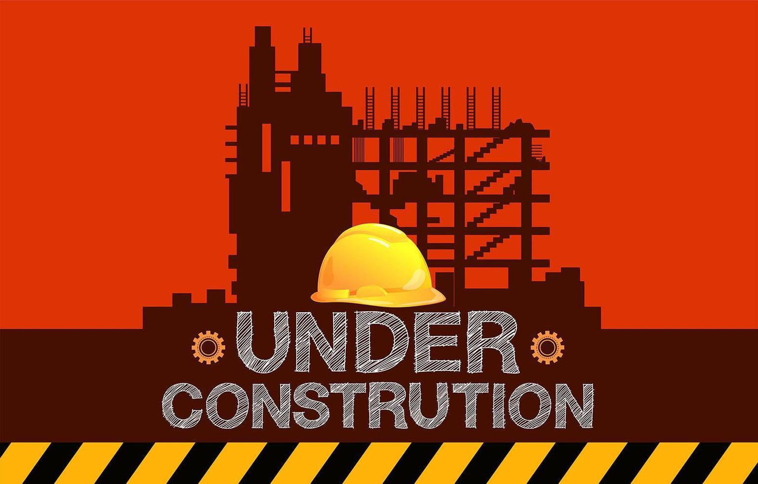 Under construction sign with building silhouette and hard hat vector