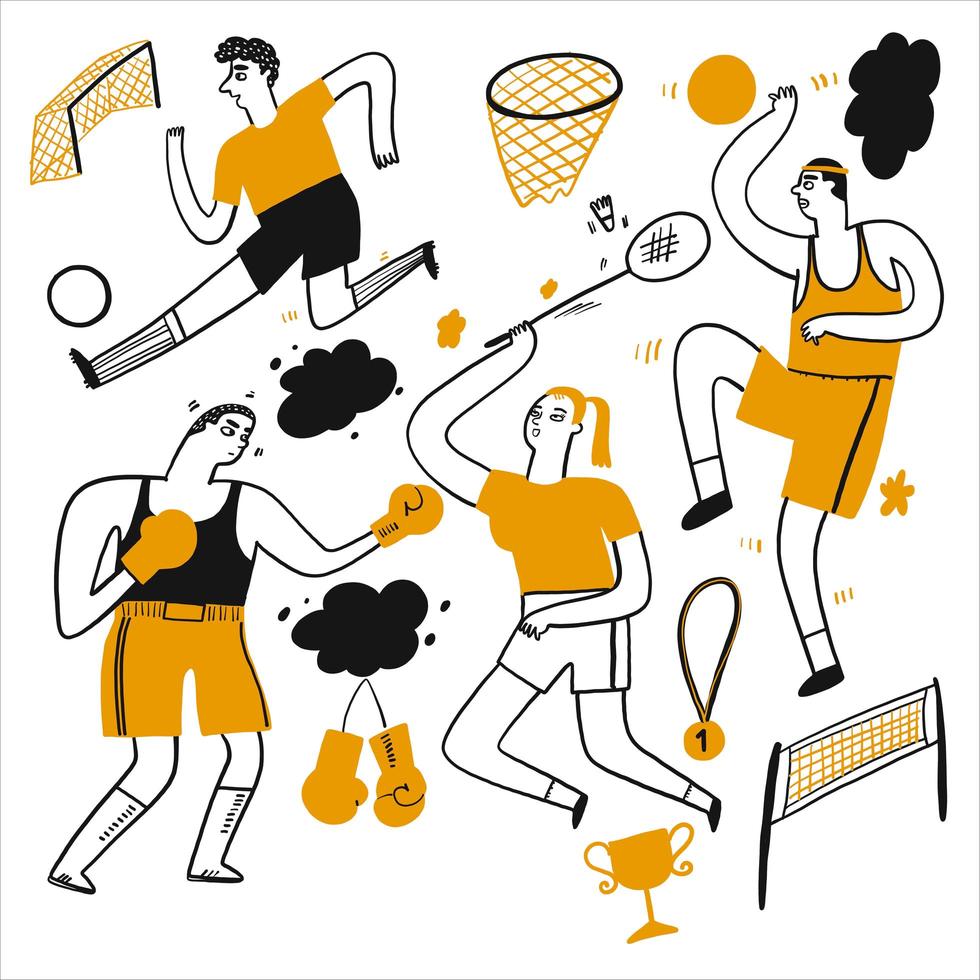 Hand drawn people playing soccer, basketball and more vector