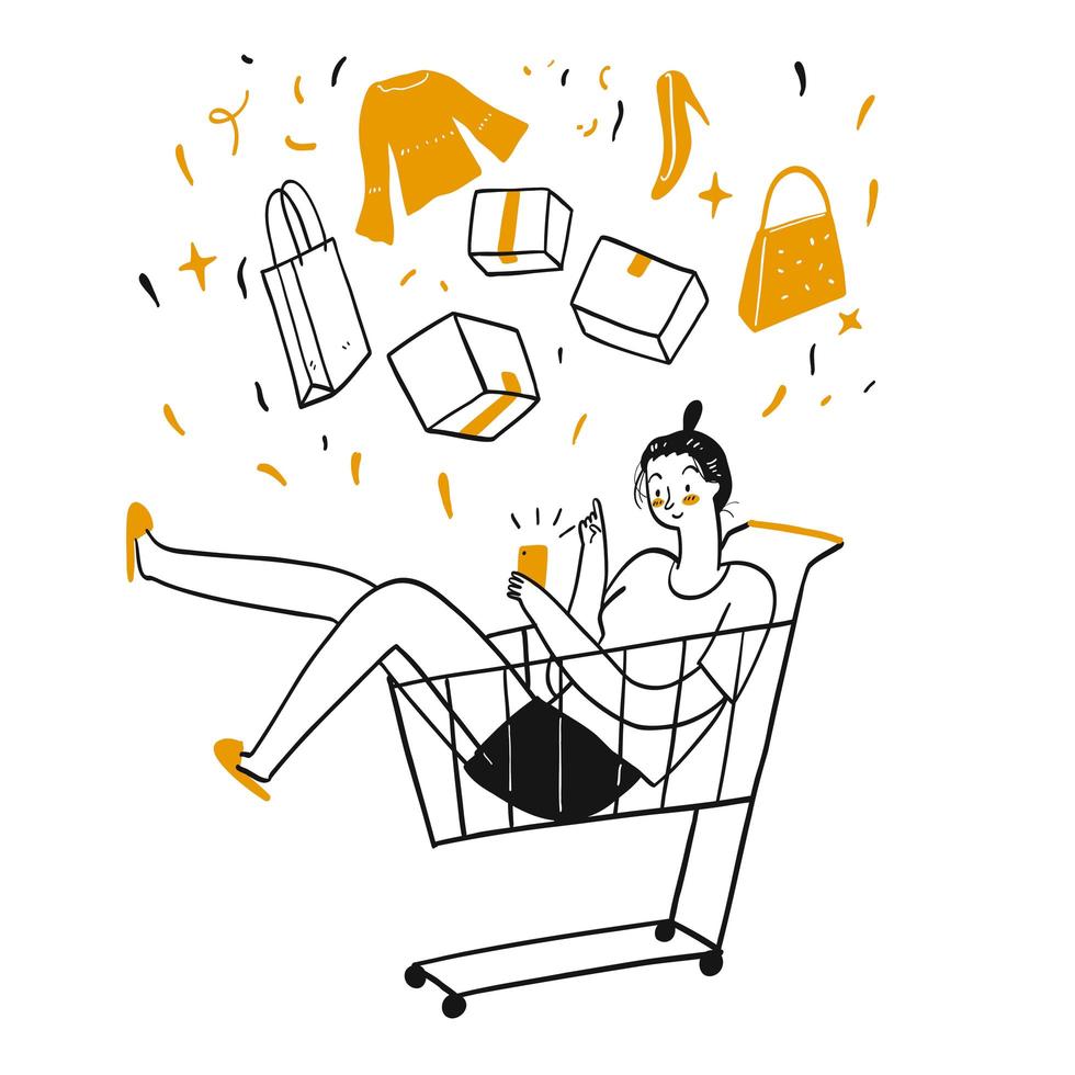 Hand drawn girl in cart ordering products on phone vector