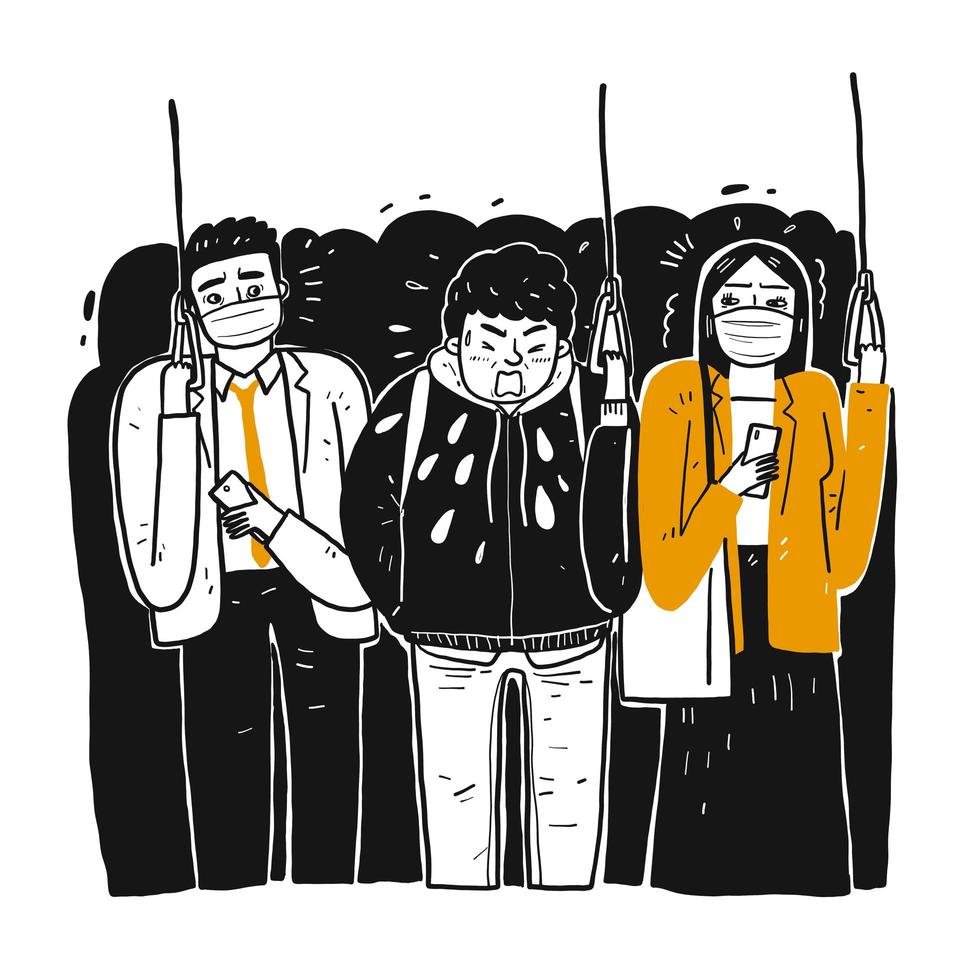 Hand drawn sick man on train sneezing on people vector