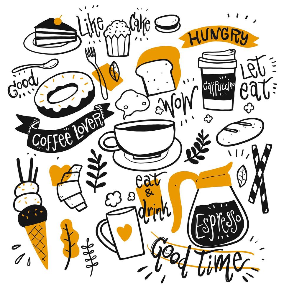 Hand drawn coffee and desserts vector