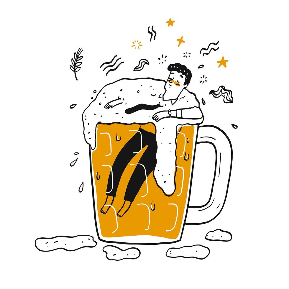 Hand drawn man floating in glass of beer vector