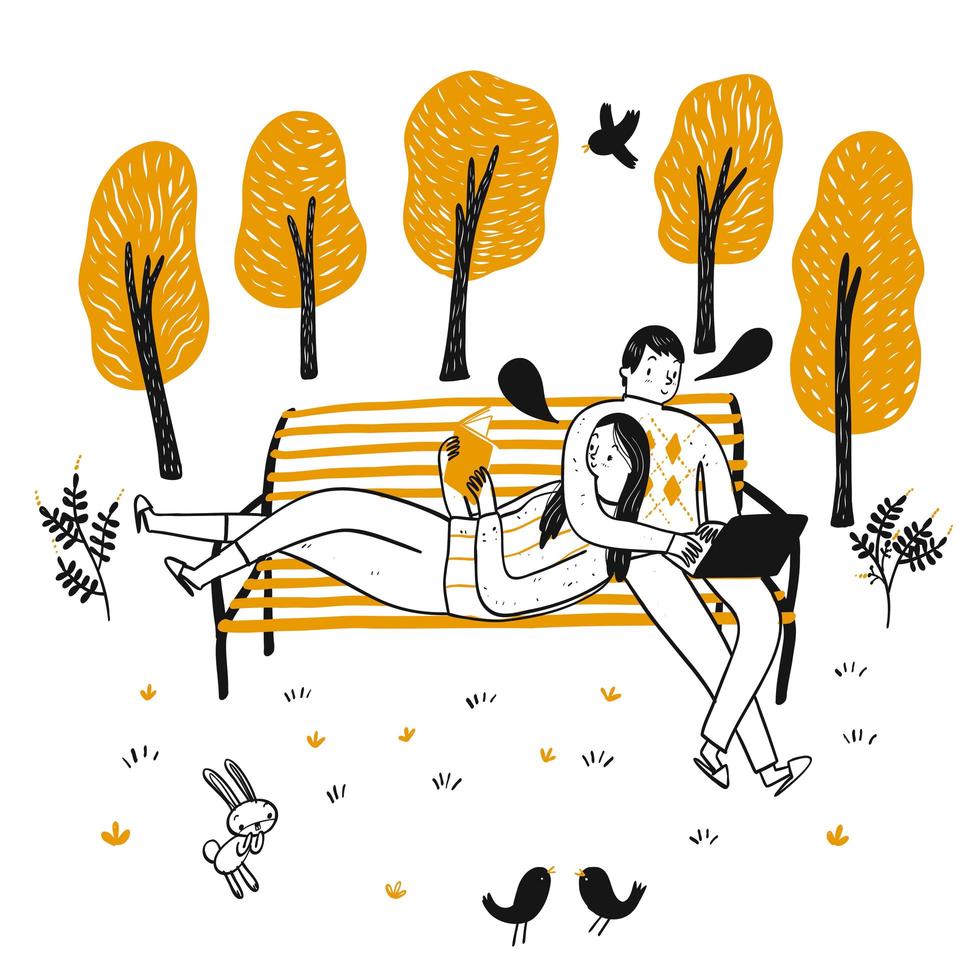 Hand drawn couple reading on bench in park vector