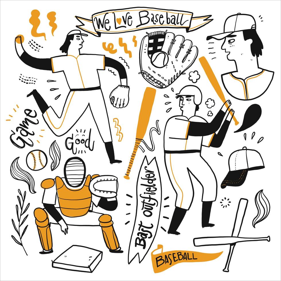 Hand drawn baseball players and elements set vector