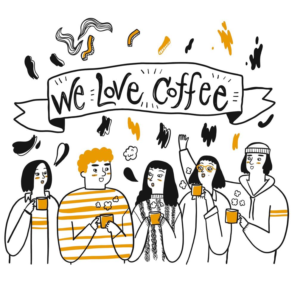 Dibujado a mano grupo de amigos dirnking café vector