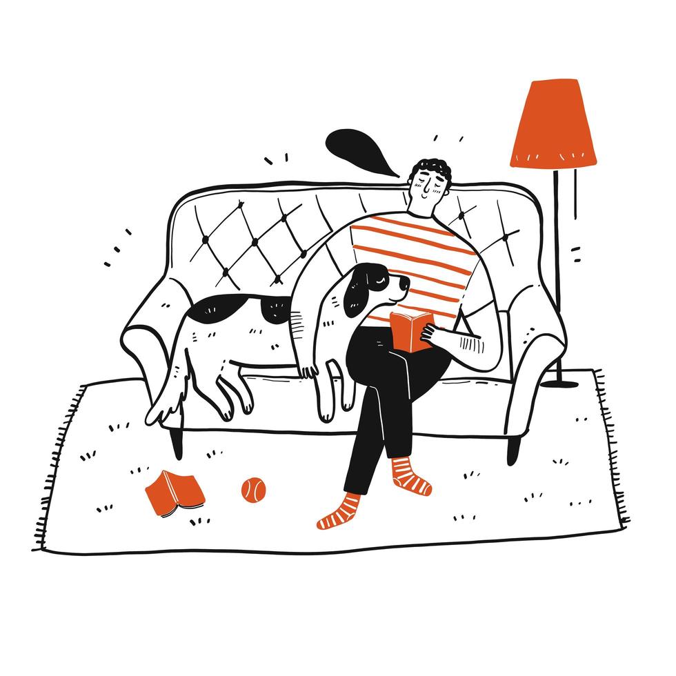 Hand drawn man and dog on couch vector