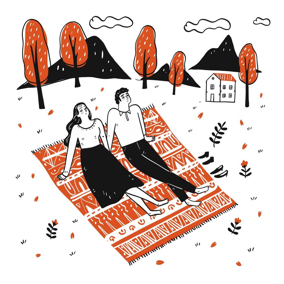 Hand drawn couple relaxing in the garden vector