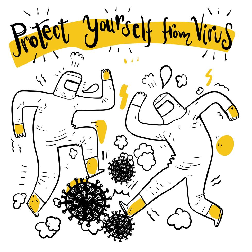 Hand drawn men in suits stomping on virus vector