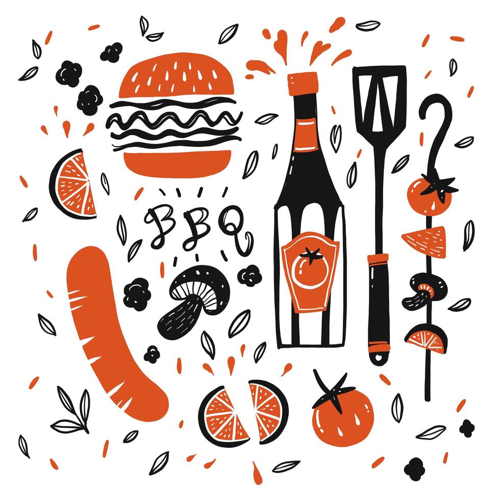 Hand drawn  BBQ element set vector