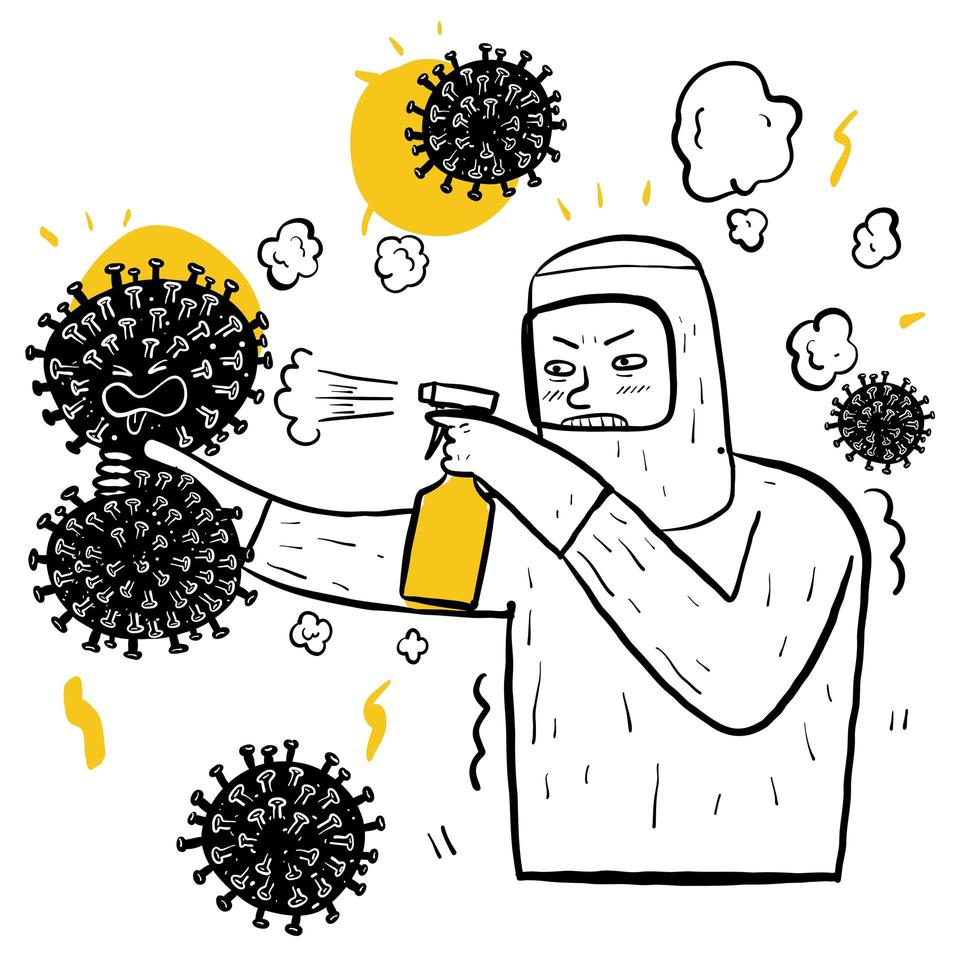 Hand drawn man in suit spraying virus vector