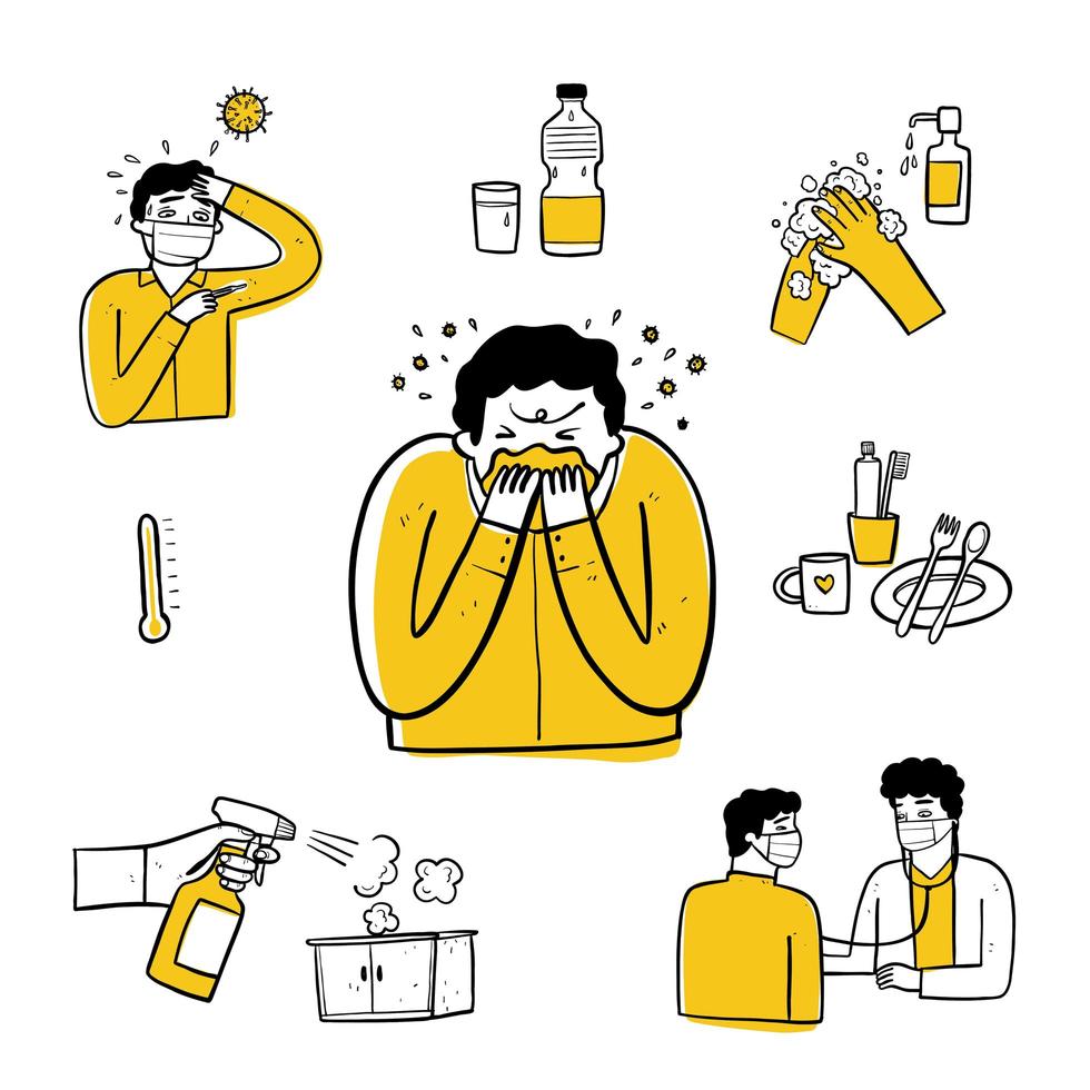 Hand drawn sick man and sanitiation element set vector