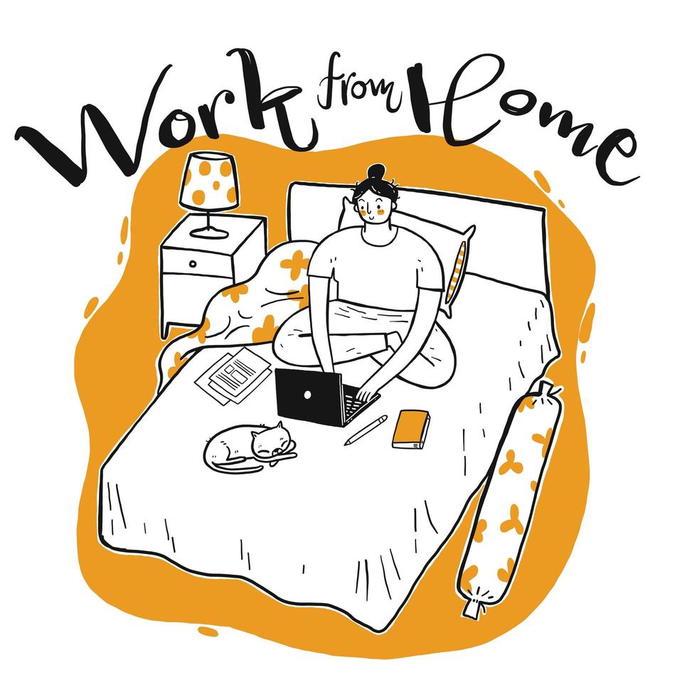 Hand drawn woman working in bed vector