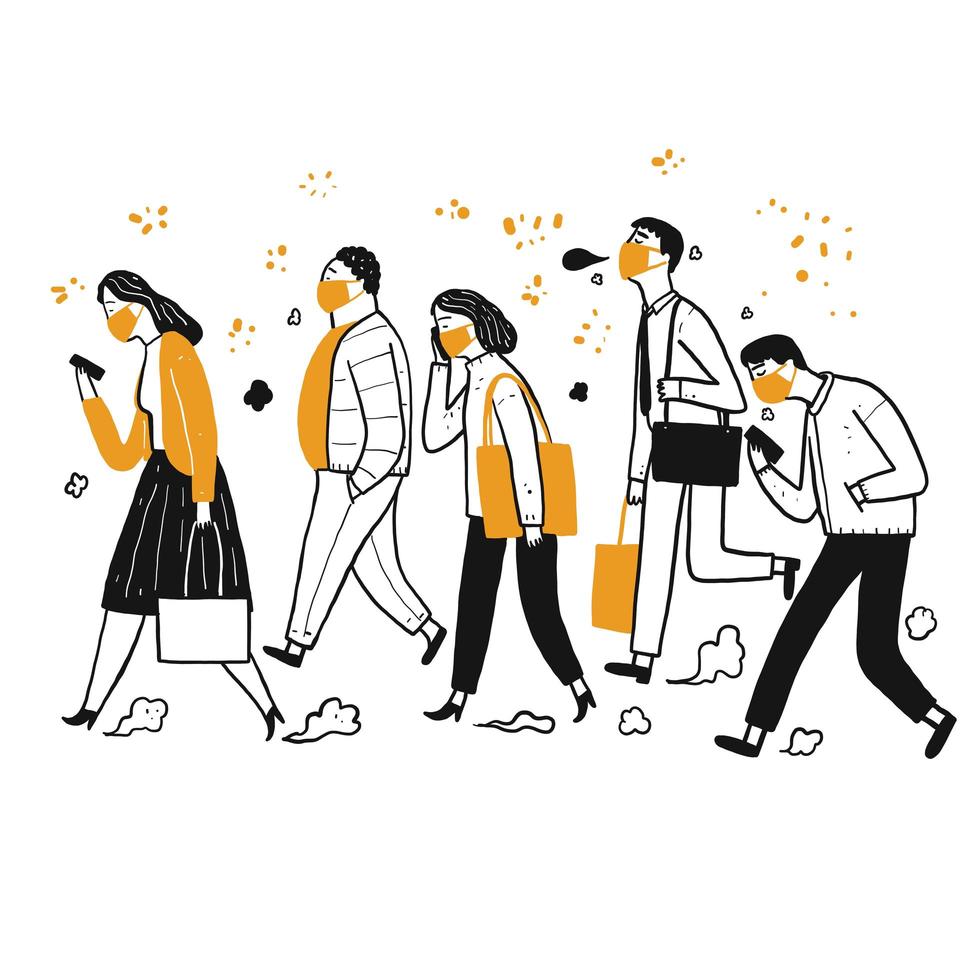 Hand drawn group of masked people walking vector